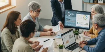Group of diverse people discussing 2025 health benefits with an advisor, reviewing coverage and costs