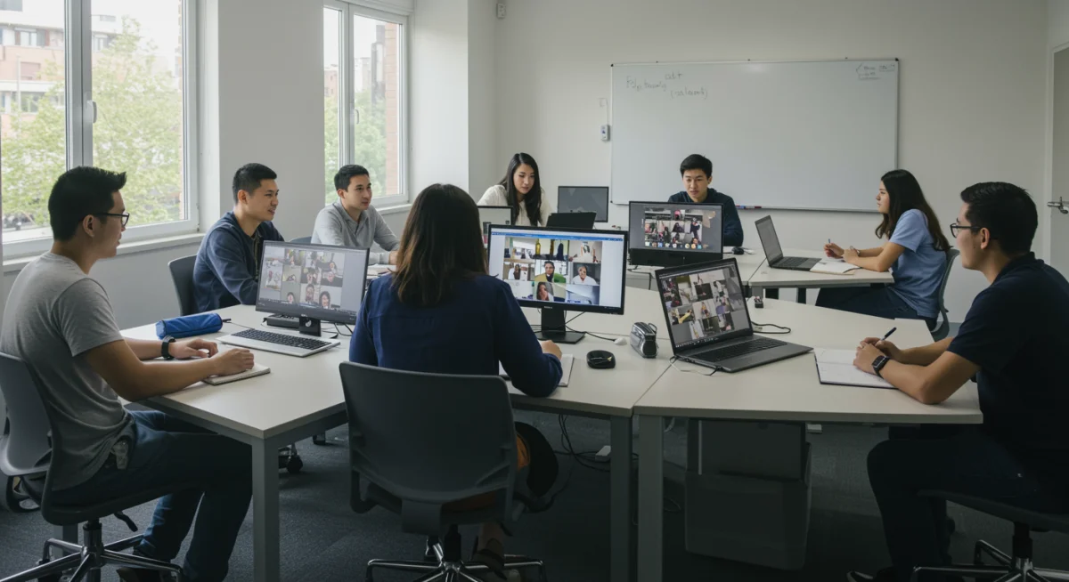 Students engaged in a hybrid learning classroom, showcasing modern educational approaches.