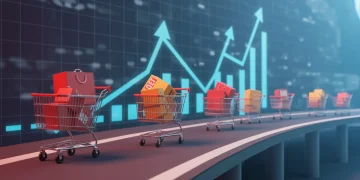 Illustration of shopping carts on a digital highway, symbolizing online sales growth.