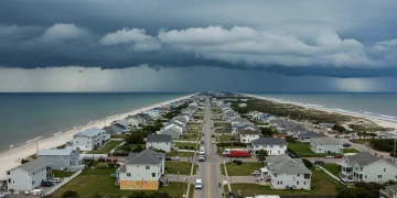 Coastal town preparing for hurricane with storm clouds