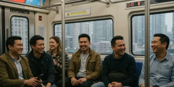 Commuters happily using public transport, symbolizing efficient travel benefits in 2025.