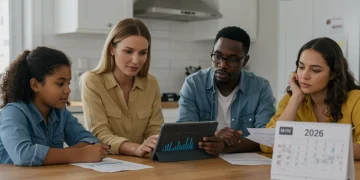 Family reviewing 2026 tax code changes on a tablet, planning financial adjustments.