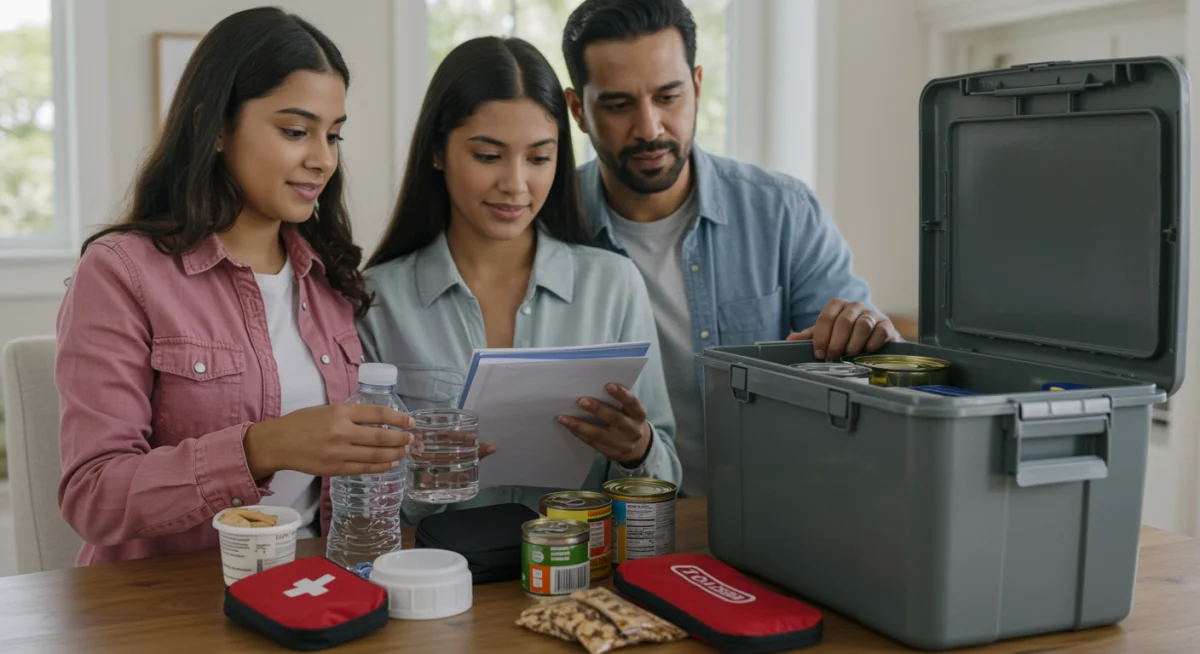 Family checking disaster preparedness kit supplies