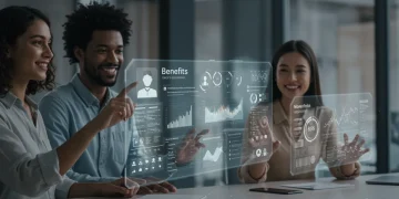 Employees engaging with futuristic personalized benefit dashboards