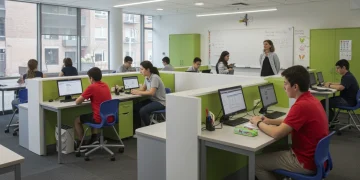 Students and teachers collaborating in a well-funded, technologically advanced classroom environment
