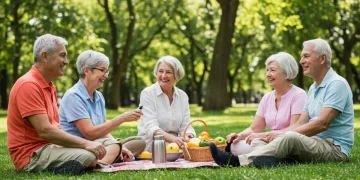 Seniors enjoying retirement picnic, symbolizing financial security