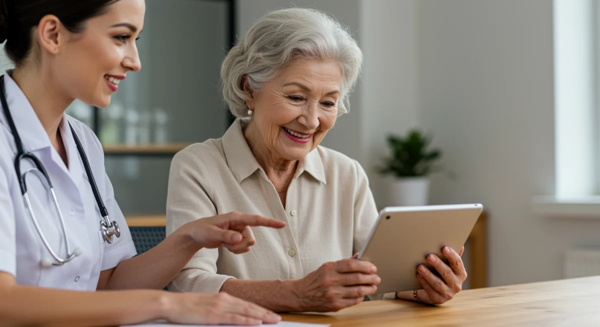 Senior woman reviewing Medicare Advantage plan options with assistance on a tablet.