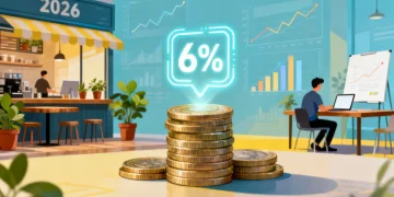 Illustration of a small business receiving a loan with 6% interest rate, symbolizing financial growth and opportunity in 2026.