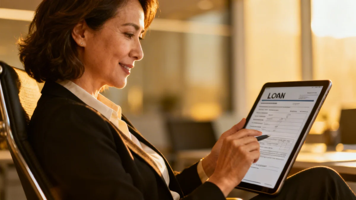 Business owner reviewing loan documents for a small business loan application.