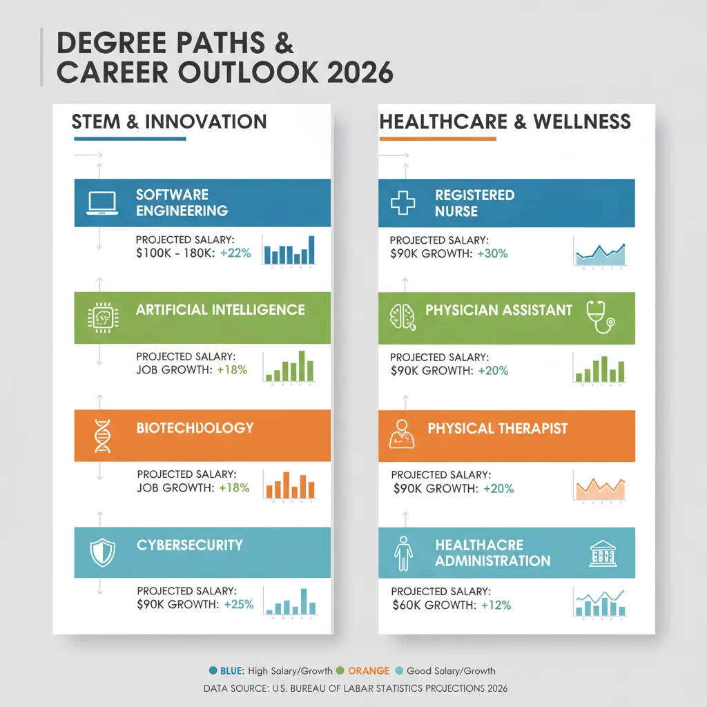 Infographic on degree paths, salary projections, and job growth for 2026