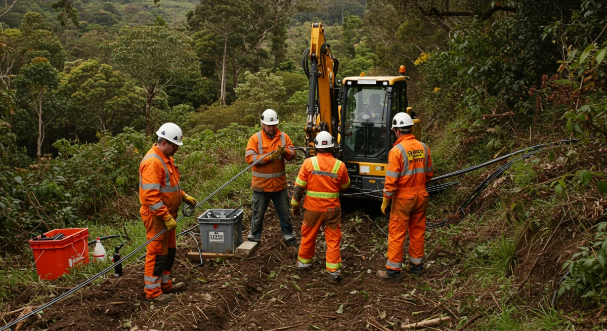Engineers installing fiber optic cables in a rural area, expanding broadband