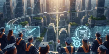 Graduates looking at a futuristic city, symbolizing strong education ROI in 2026