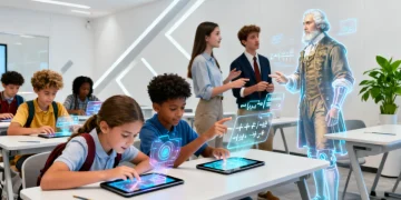Students engaging with AI educational tools in a modern US classroom.
