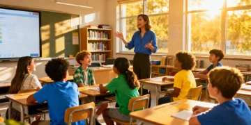 Diverse K-12 students engaged in a modern classroom, benefiting from education funding