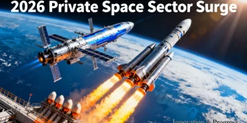 Futuristic space station and commercial rockets launching, symbolizing 2026 space investment growth.