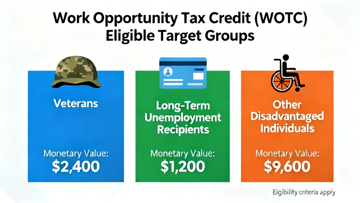 Infographic detailing WOTC 2026 eligible target groups and credit amounts
