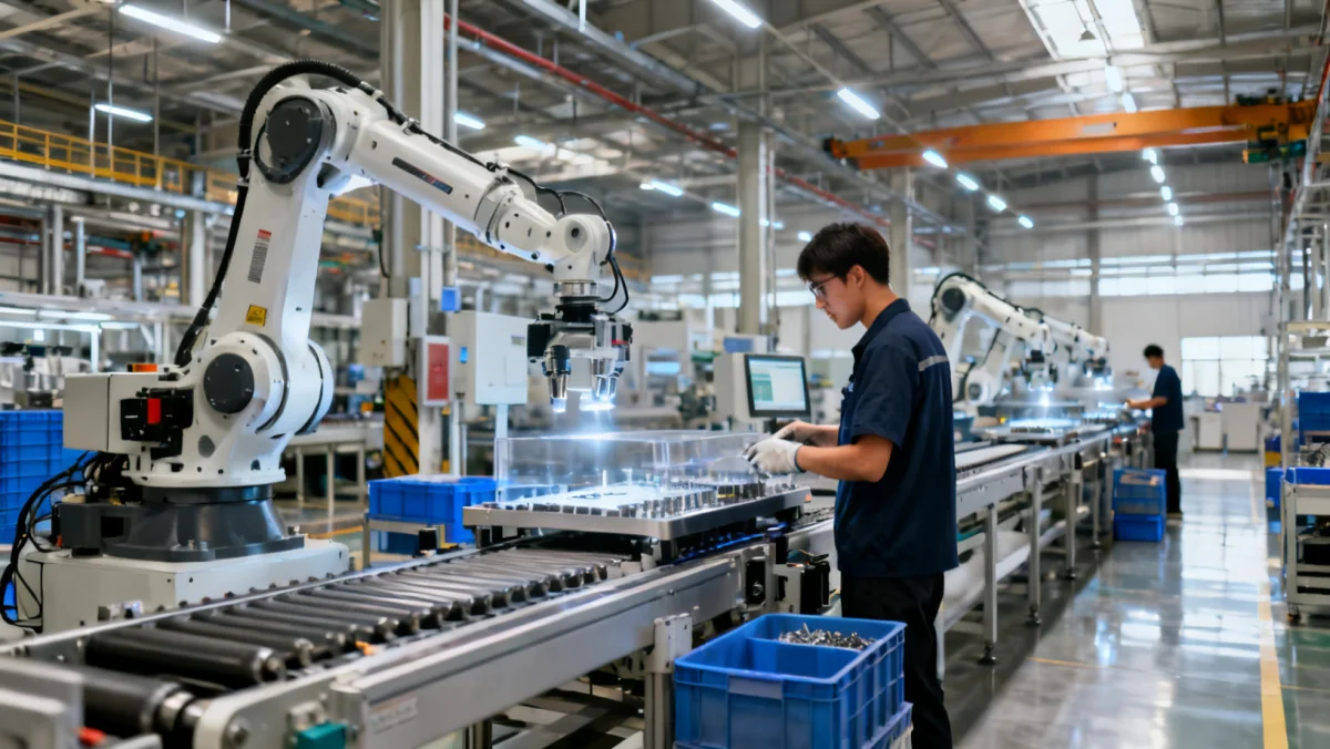 Modern factory floor with advanced robotics and human collaboration in domestic manufacturing.