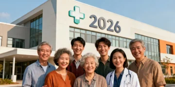 Diverse individuals smiling in front of a modern healthcare facility, representing accessible Medicaid coverage in 2026.