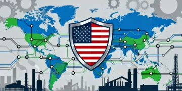 Digital illustration of a secure and resilient global supply chain focused on U.S. domestic manufacturing.