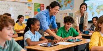 Teachers and students collaborating in a vibrant classroom setting