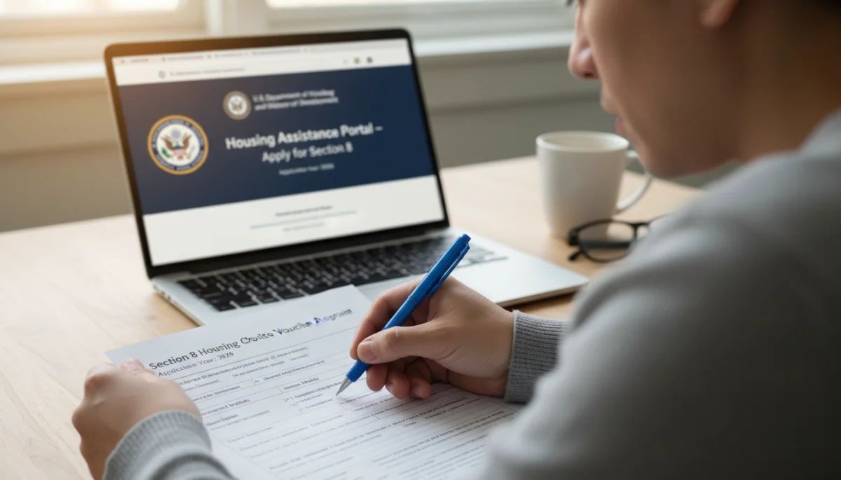 Person meticulously filling out housing assistance application form for Section 8 in 2026