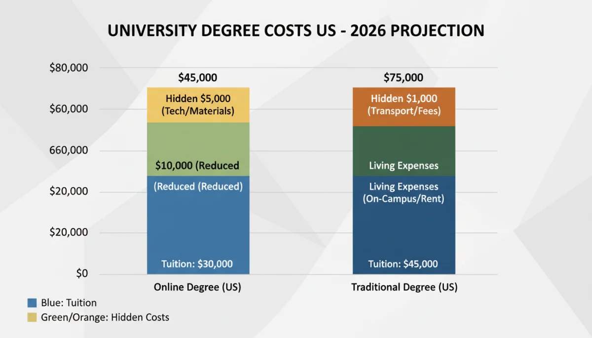 Projected cost comparison graph for online and traditional degrees in US, 2026.