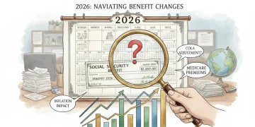 Calendar for 2026 with financial charts and a magnifying glass over a Social Security check, representing future adjustments.