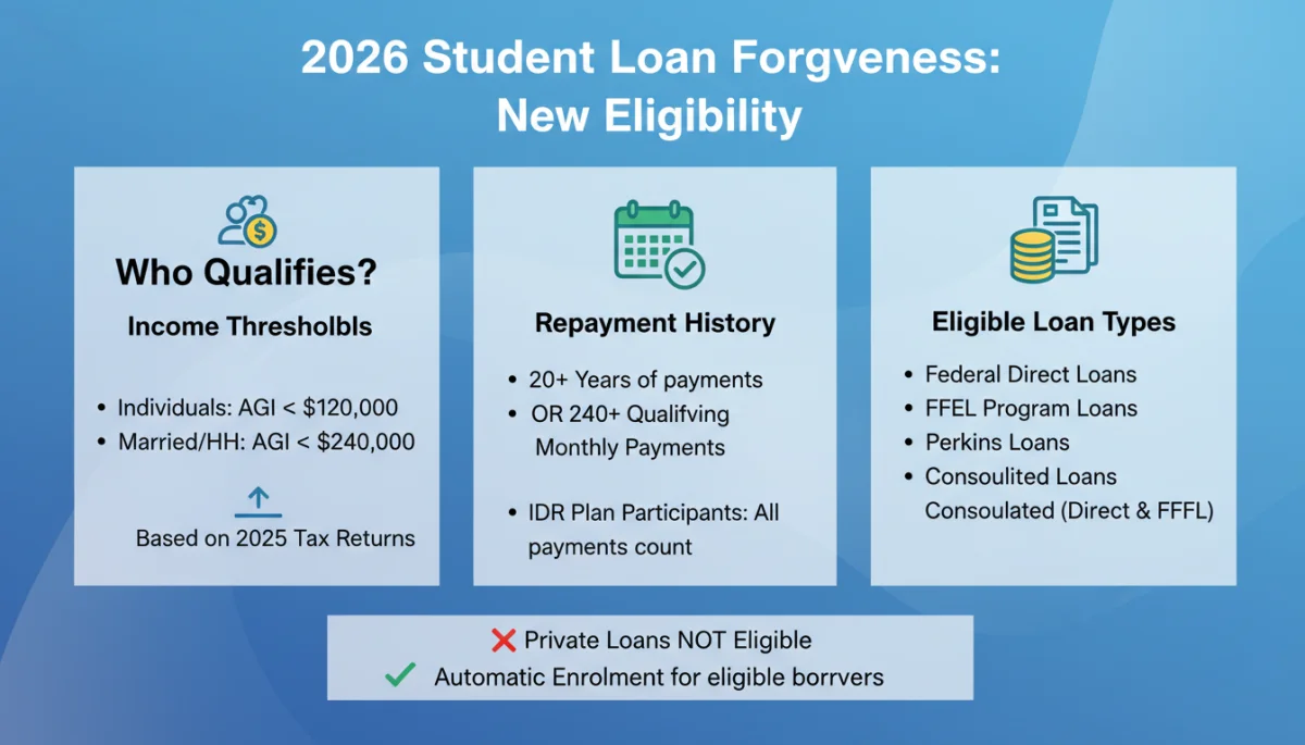 Infographic detailing eligibility criteria for 2026 student loan forgiveness