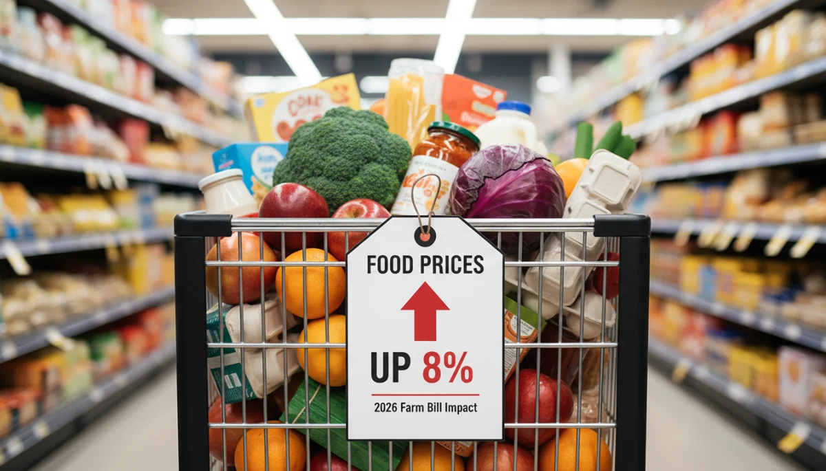 Grocery cart filled with food, representing the 8% food price increase from the 2026 Farm Bill.