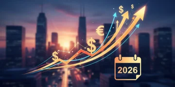Economic growth chart with financial symbols for 2026 forecast