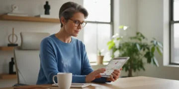 Thoughtful individual planning 2026 retirement contributions on a tablet with financial data.