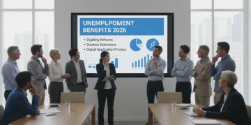 Group studying 2026 unemployment benefits information on a screen