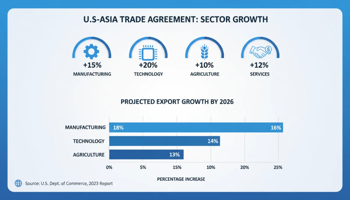 Infographic detailing key US export sectors benefiting from the new Asian trade agreement by 2026