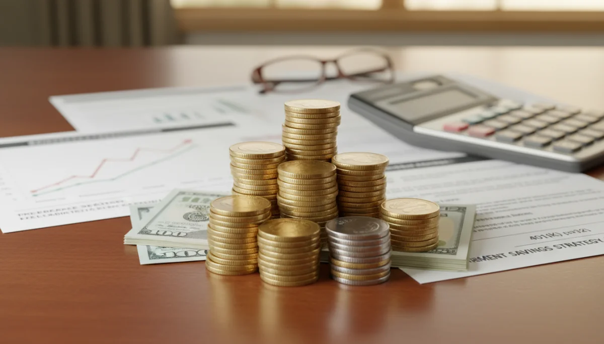 Stacked coins and dollar bills representing growing retirement savings.