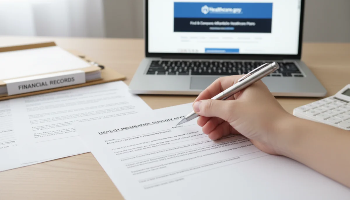 Hand completing a Healthcare.gov 2026 subsidy application form