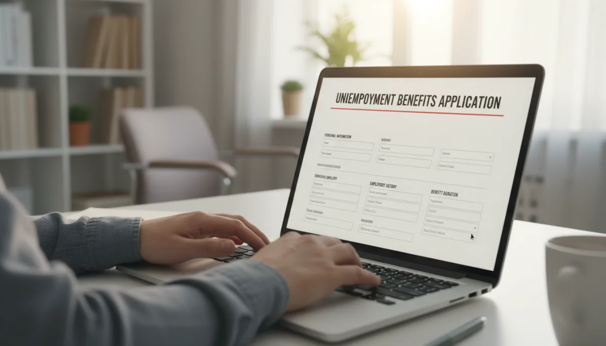 Person applying for unemployment benefits online on a laptop
