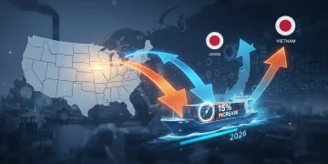 Map showing US and three Asian nations with trade routes and a 15% export growth projection for 2026