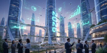 Futuristic cityscape with digital stock charts representing investment growth in 2026.
