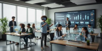 Students and teacher engaging with modern EdTech in a US classroom