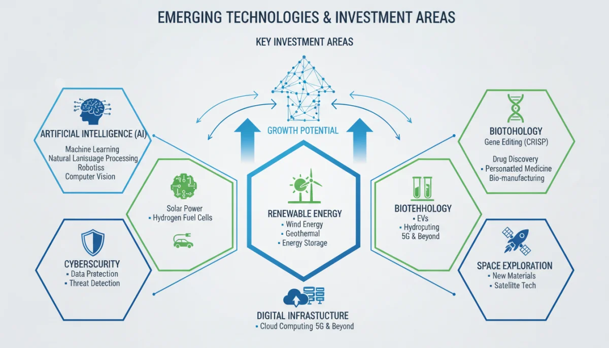 Infographic displaying emerging technologies like AI and renewable energy with growth trends.