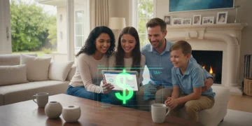 Family reviewing Child Tax Credit information on a tablet in a modern living room