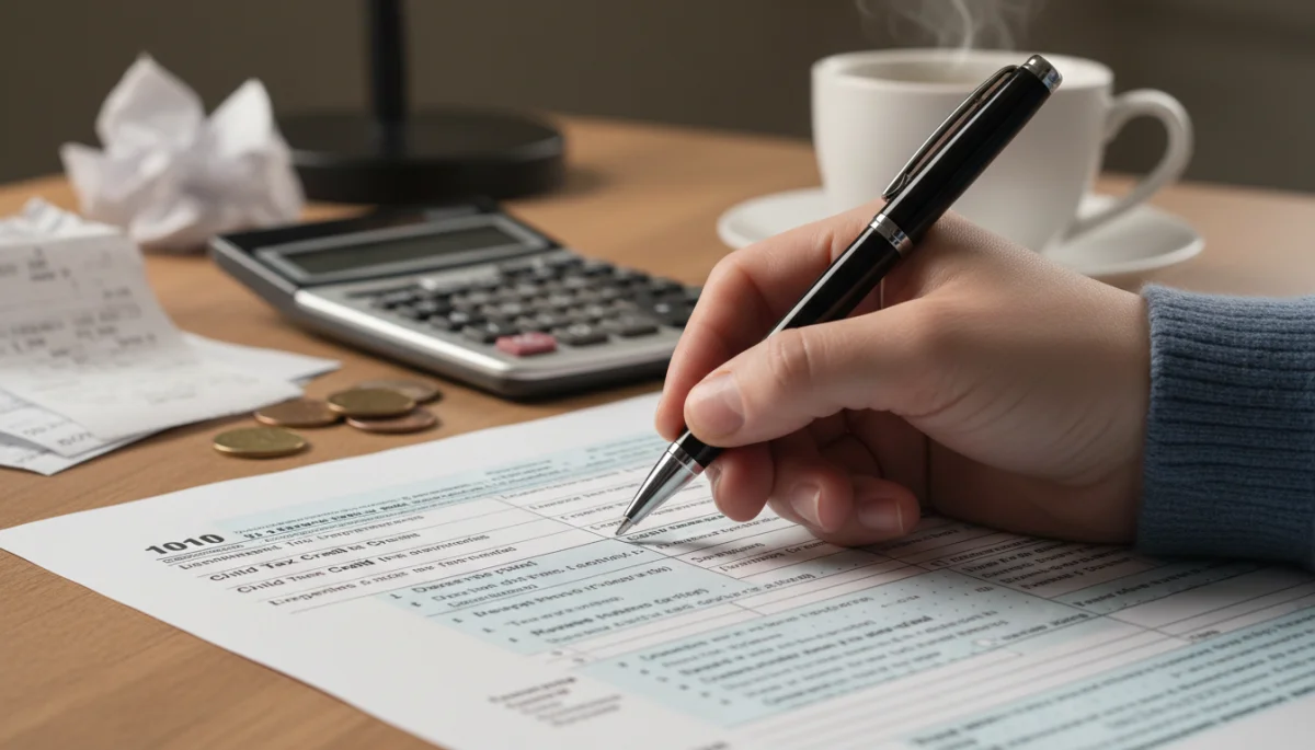 Person filling out tax forms for Child Tax Credit claims