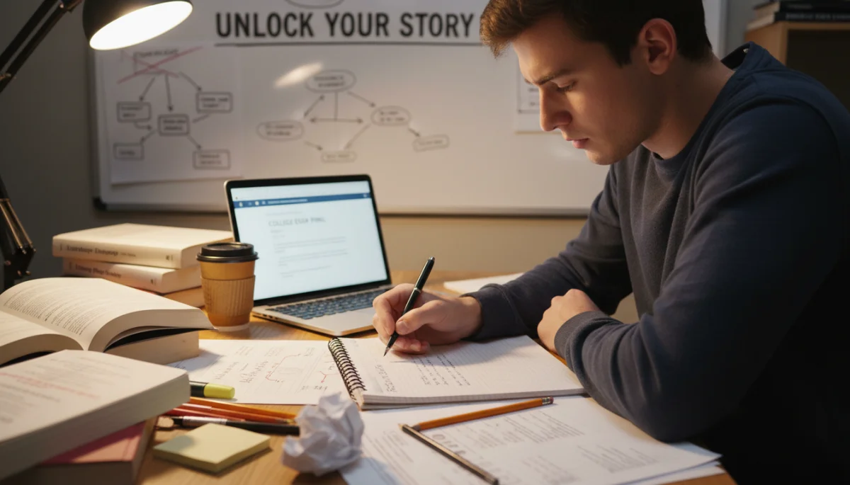 Student writing a college application essay, focused on crafting a compelling narrative.