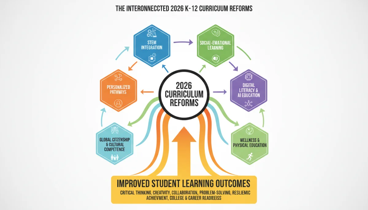 Infographic showing interconnected components of 2026 K-12 curriculum reforms