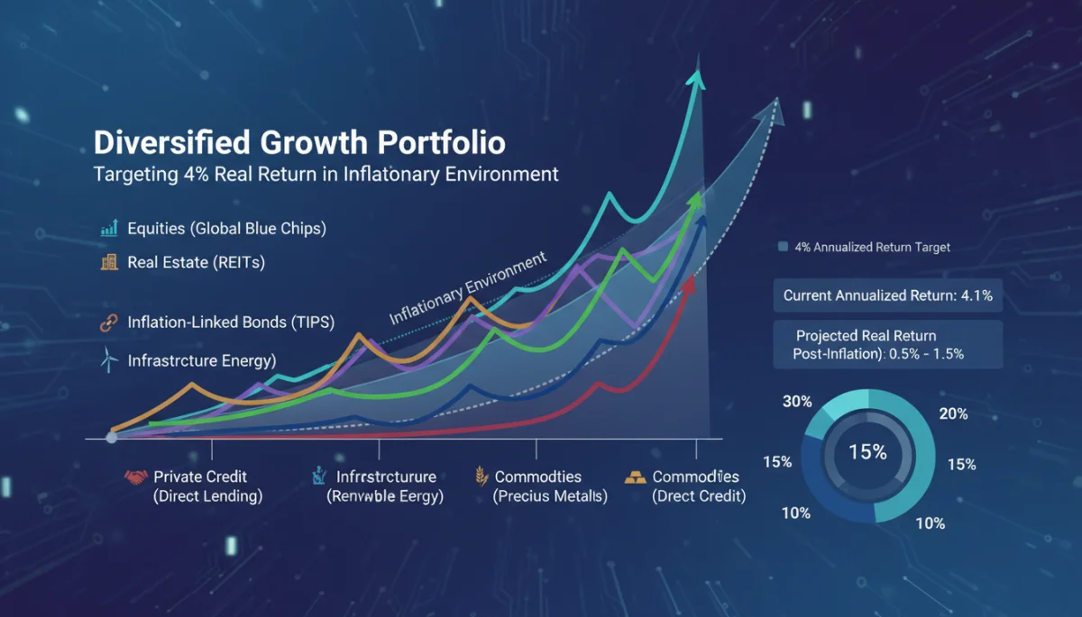 Diversified investment portfolio with growth curves, illustrating a balanced 4% return strategy.