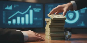 Person arranging dollar bills with financial charts in background, symbolizing inflation protection.
