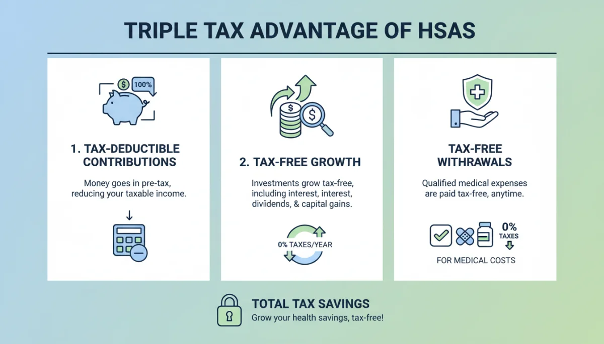 Infographic showing the triple tax advantage of Health Savings Accounts
