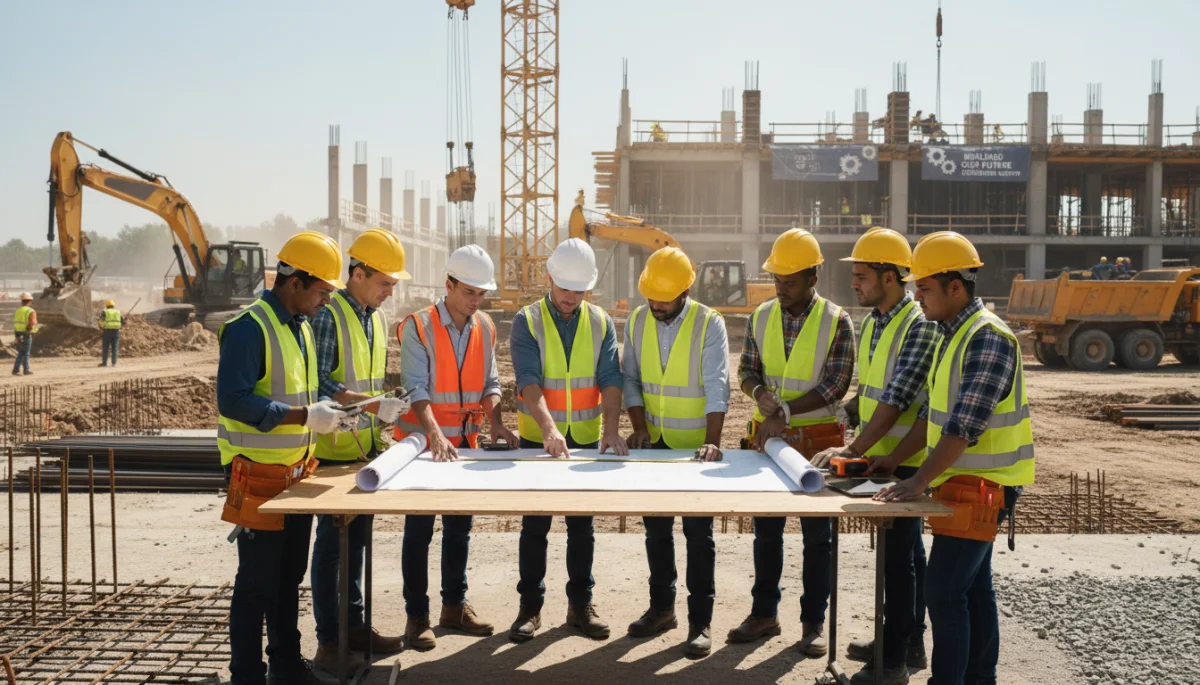 Construction workers reviewing blueprints on a large infrastructure project site, illustrating new job opportunities.