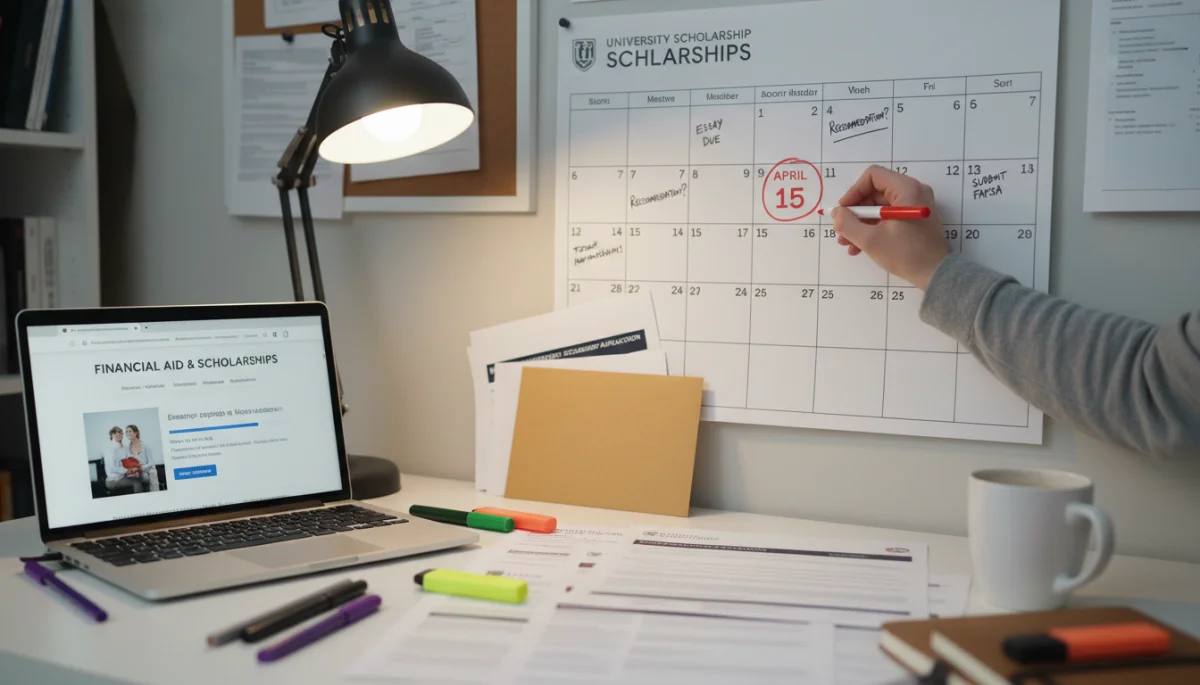 Student organizing scholarship application documents and highlighting important dates