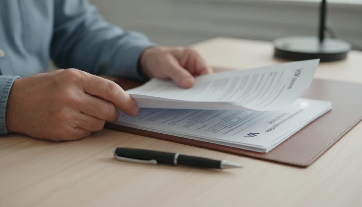 Veteran reviewing official VA disability compensation documents and forms.